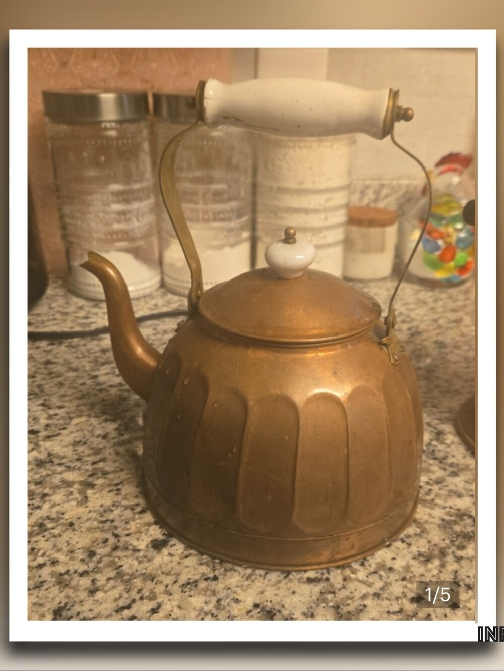 Vintage Copper Teakettle with White Ceramic Handle and Knob